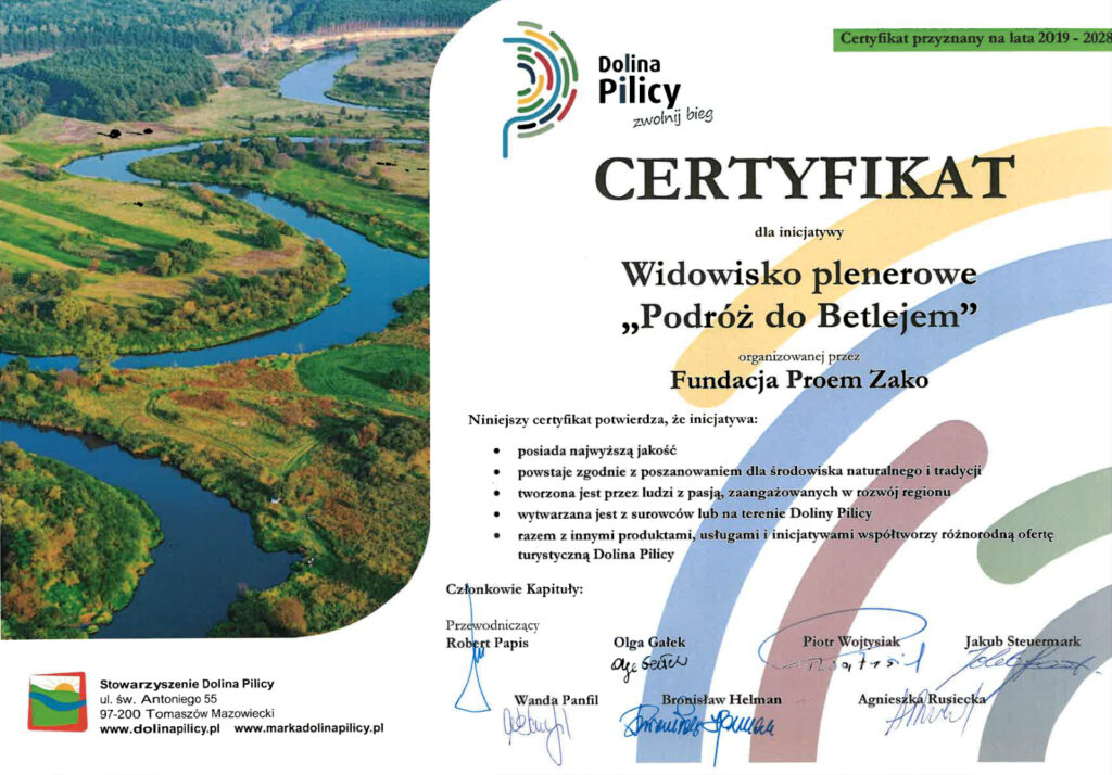 Certyfikat Dolina Pilicy Zwolnij Bieg dla widowiska plenerowego „Podróż do Betlejem”